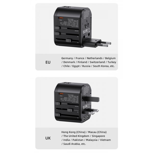 USAMS φορτιστής/αντάπτορας πρίζας US-CC179, USB-C & 2x USB, universal, 20W, μαύρος