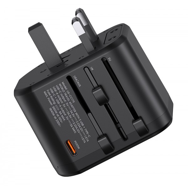 USAMS φορτιστής/αντάπτορας πρίζας US-CC179, USB-C & 2x USB, universal, 20W, μαύρος
