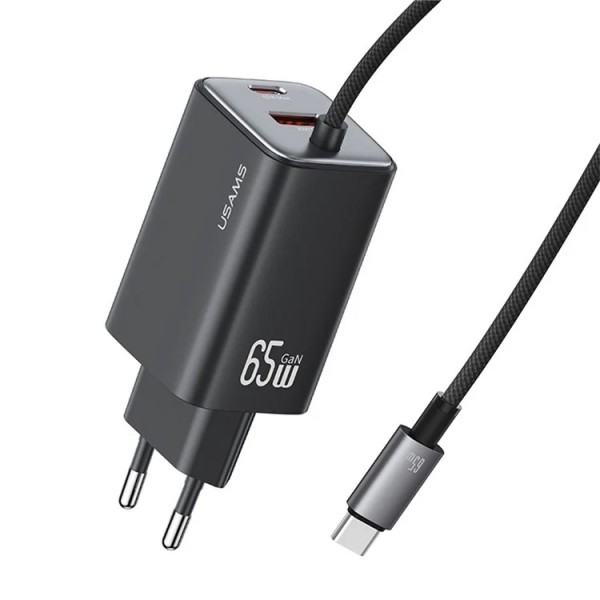 USAMS φορτιστής τοίχου CC266 με καλώδιο, USB & USB-C, 65W, GaN, μαύρος - Mobile
