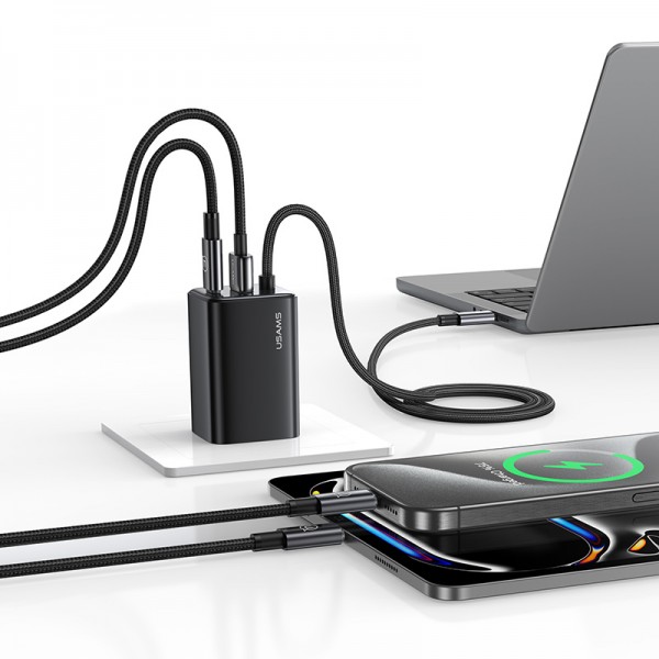 USAMS φορτιστής τοίχου CC266 με καλώδιο, USB & USB-C, 65W, GaN, μαύρος - Mobile