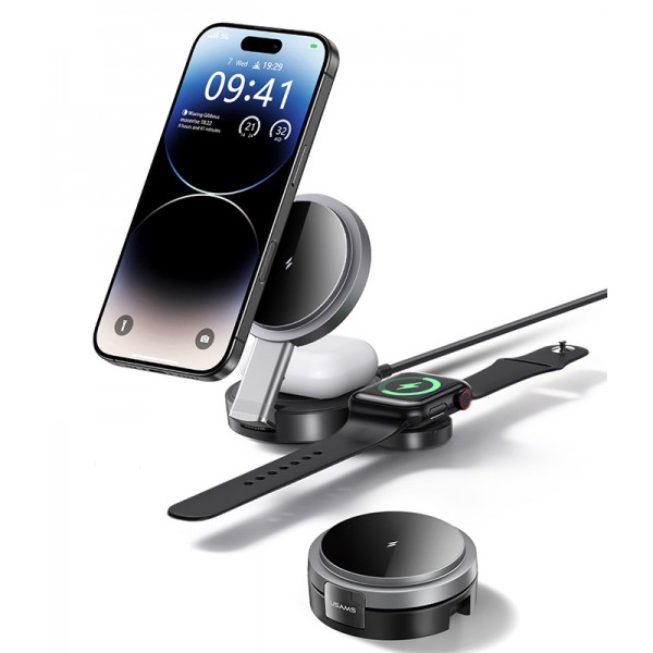 USAMS ασύρματος φορτιστής CD234, 3 σε 1, 15W, μαύρος - Mobile