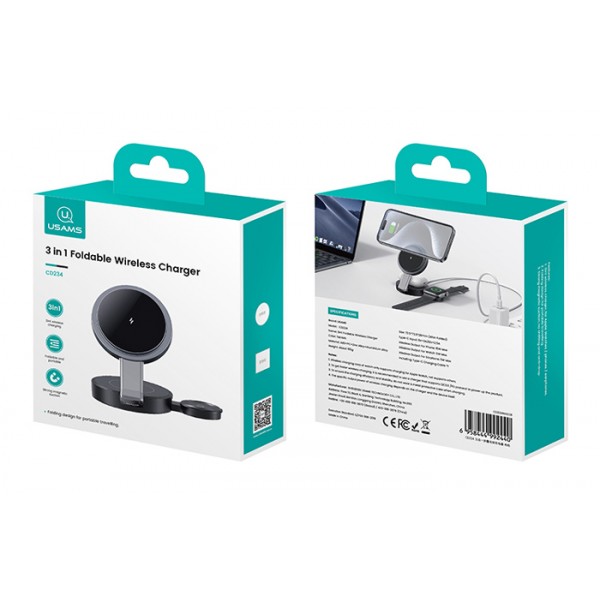 USAMS ασύρματος φορτιστής CD234, 3 σε 1, 15W, μαύρος