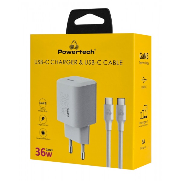 POWERTECH φορτιστής τοίχου PT-1350 με καλώδιο, USB-C, 36W, GaN, λευκός - Mobile