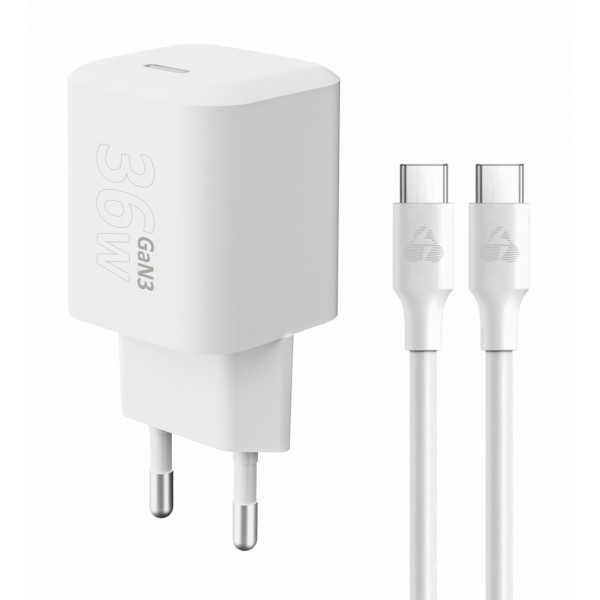 POWERTECH φορτιστής τοίχου PT-1350 με καλώδιο, USB-C, 36W, GaN, λευκός - Mobile
