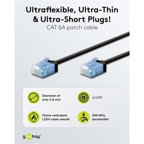 GOOBAY καλώδιο δικτύου 74238, CAT 6A U/UTP, slim, copper, 500MHz, 3m, μαύρο - Δίκτυο