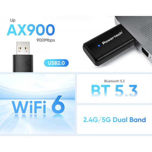 POWERTECH ασύρματος USB αντάπτορας δικτύου & Bluetooth 5.3 PT-1387, 900Mbps WiFi 6 - Κάρτες Δικτύου - USB Dongles