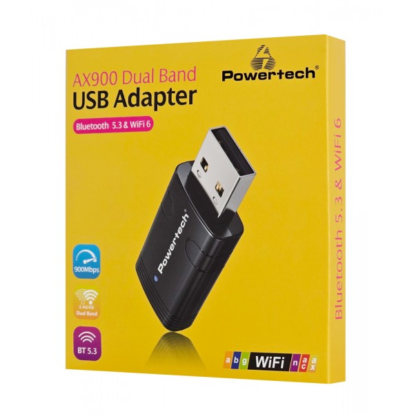 POWERTECH ασύρματος USB αντάπτορας δικτύου & Bluetooth 5.3 PT-1387, 900Mbps WiFi 6