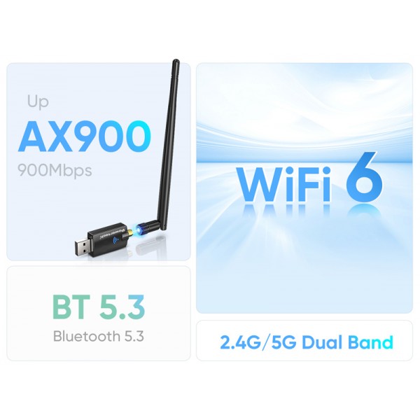 POWERTECH ασύρματος USB αντάπτορας δικτύου & Bluetooth 5.3 PT-1386, 900Mbps WiFi 6 - Κάρτες Δικτύου - USB Dongles
