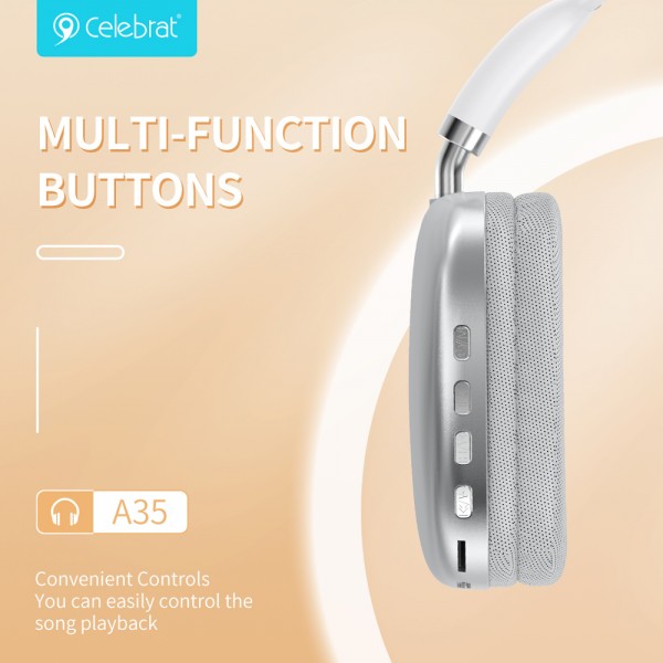 CELEBRAT headphones A35, ασύρματα & ενσύρματα, micro SD, 40mm, 200mAh, λευκά