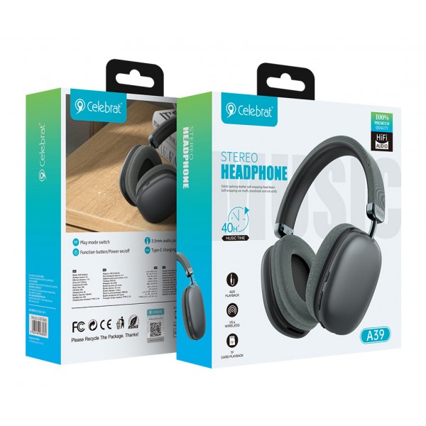 CELEBRAT headphones A39, ασύρματα & ενσύρματα, micro SD, 40mm, 400mAh, μαύρα