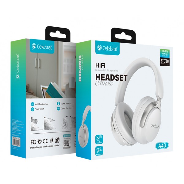 CELEBRAT headphones A40, ασύρματα & ενσύρματα, 40mm, 250mAh, λευκά