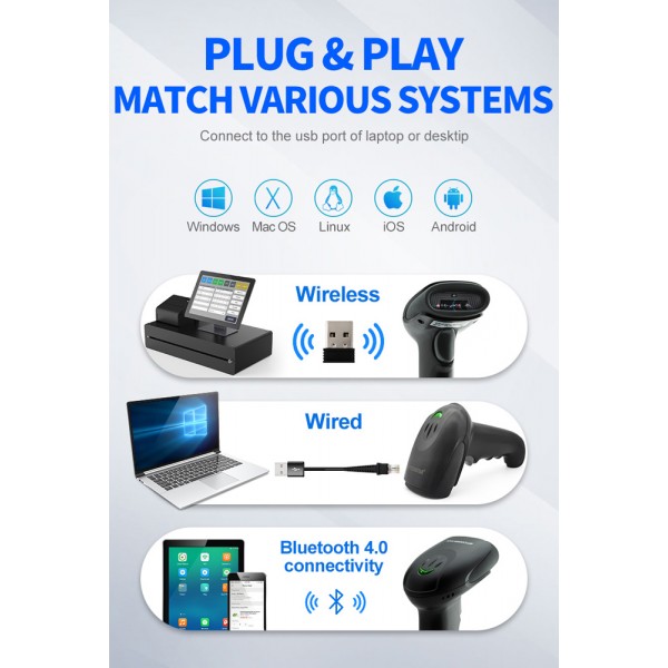 GTCODESTAR barcode scanner X-9701B, 1D & 2D, ενσύρματο & ασύρματο, Bluetooth, 2000mAh, μαύρο