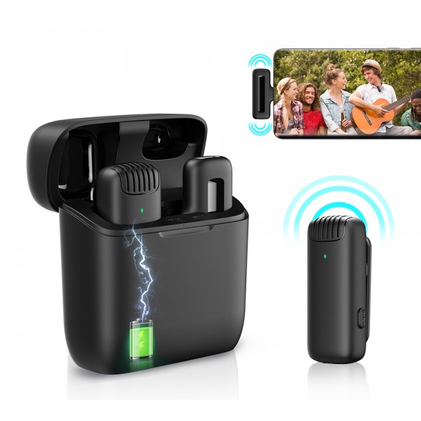 APEXEL ασύρματο μικρόφωνο APL-MIC007 με θήκη φόρτισης, USB-C, 2.4GHz, μαύρο