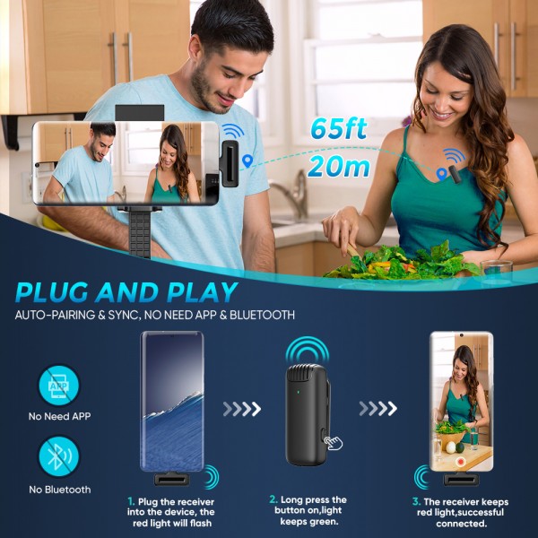 APEXEL ασύρματο μικρόφωνο APL-MIC007 με θήκη φόρτισης, USB-C, 2.4GHz, μαύρο - Αξεσουάρ κινητών