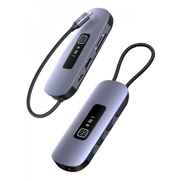 USAMS docking station US-SJ643, 8 θυρών, USB-C, 4K, 100W PD, LAN, γκρι - Docking Station