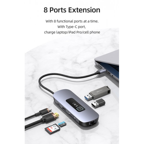USAMS docking station US-SJ643, 8 θυρών, USB-C, 4K, 100W PD, LAN, γκρι - Docking Station