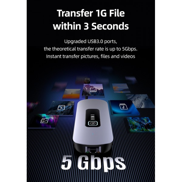 USAMS docking station US-SJ643, 8 θυρών, USB-C, 4K, 100W PD, LAN, γκρι