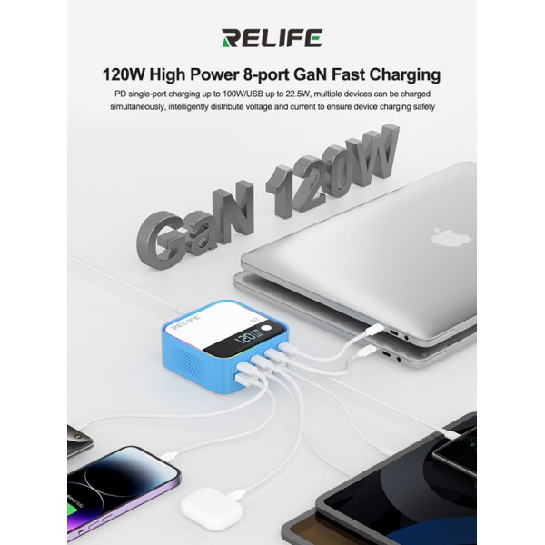 RELIFE σταθμός φόρτισης Q2, 4x USB-C & 4x USB, 120W, GaN, μπλε - RELIFE
