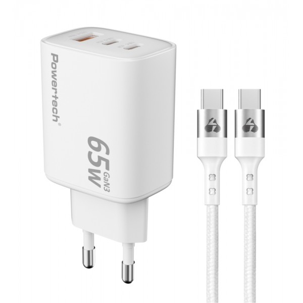 POWERTECH φορτιστής τοίχου PT-1415 με καλώδιο, USB/2x USB-C, 65W, GaN, λευκός - Mobile