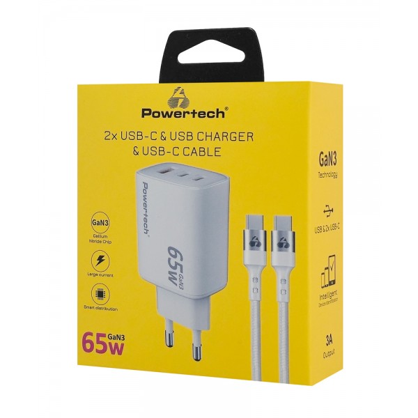 POWERTECH φορτιστής τοίχου PT-1415 με καλώδιο, USB/2x USB-C, 65W, GaN, λευκός - Mobile