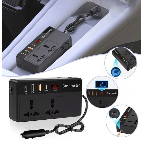 POWERTECH inverter αυτοκινήτου PTL-023, 200W, 12V DC σε 220V AC, με USB-C/3x USB - Σπίτι & Gadgets
