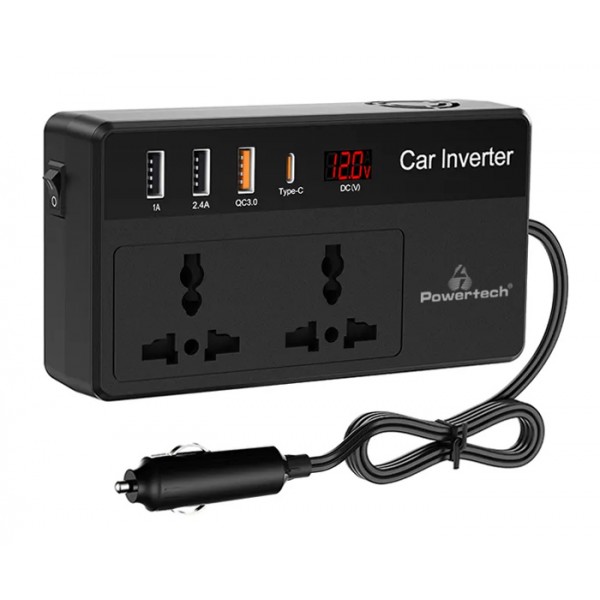 POWERTECH inverter αυτοκινήτου PTL-023, 200W, 12V DC σε 220V AC, με USB-C/3x USB - Σπίτι & Gadgets
