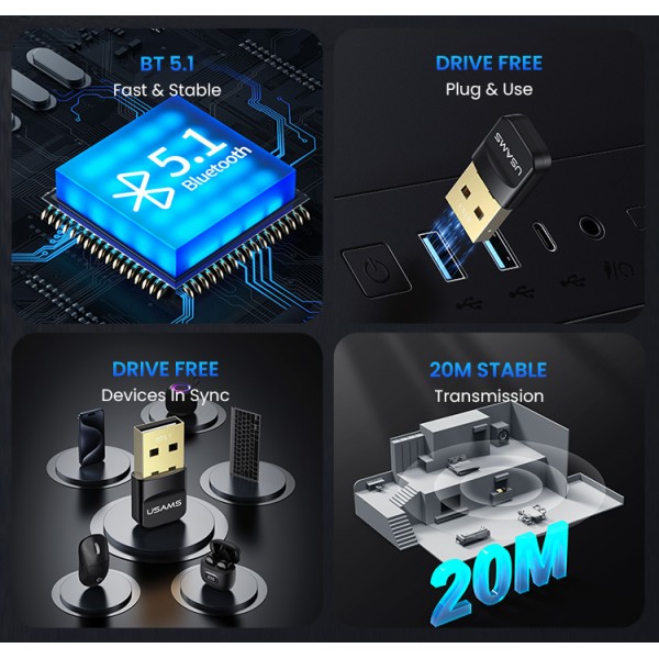 USAMS USB αντάπτορας Bluetooth 5.1 ZB321, μαύρος - Κάρτες Δικτύου - USB Dongles