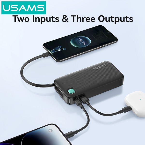 USAMS power bank CD224 με καλώδιο USB-C, 2x θύρες εξόδου, 10000mAh, 20W, μαύρο - Power Bank