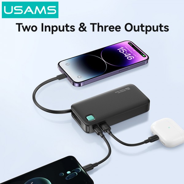 USAMS power bank CD225 με καλώδιο Lightning, 2x θύρες εξόδου, 10000mAh, 20W, μαύρο - Power Bank