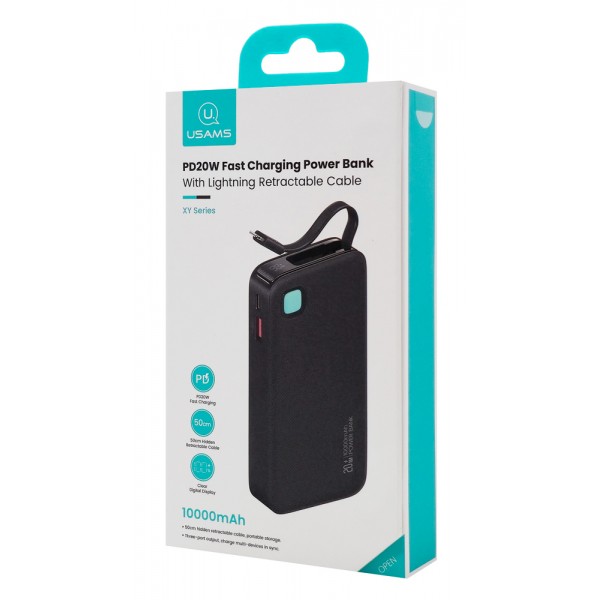 USAMS power bank CD225 με καλώδιο Lightning, 2x θύρες εξόδου, 10000mAh, 20W, μαύρο