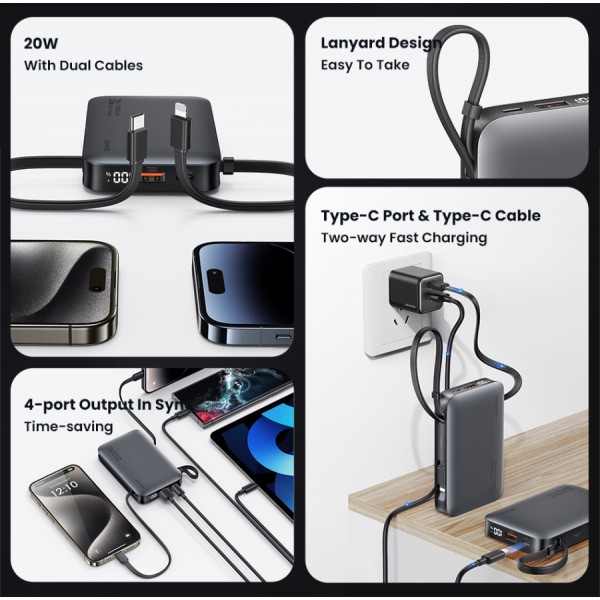 USAMS power bank CD228 με 2x καλώδια, 2x θύρες εξόδου, 10000mAh, 20W, ασημί - Power Bank
