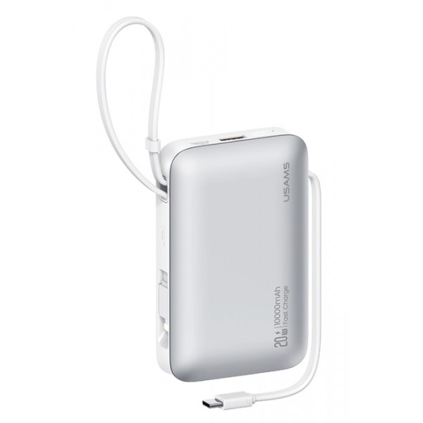 USAMS power bank CD228 με 2x καλώδια, 2x θύρες εξόδου, 10000mAh, 20W, ασημί - Power Bank