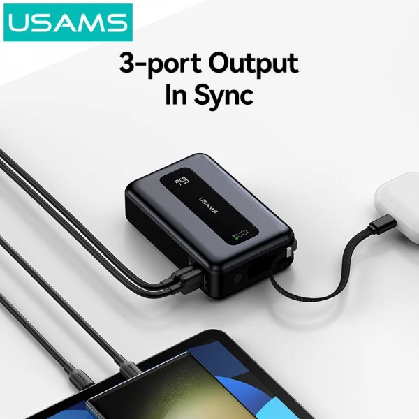 USAMS power bank CD243 με καλώδιο USB-C, 2x θύρες εξόδου, 20000mAh, 65W, γκρι - Power Bank