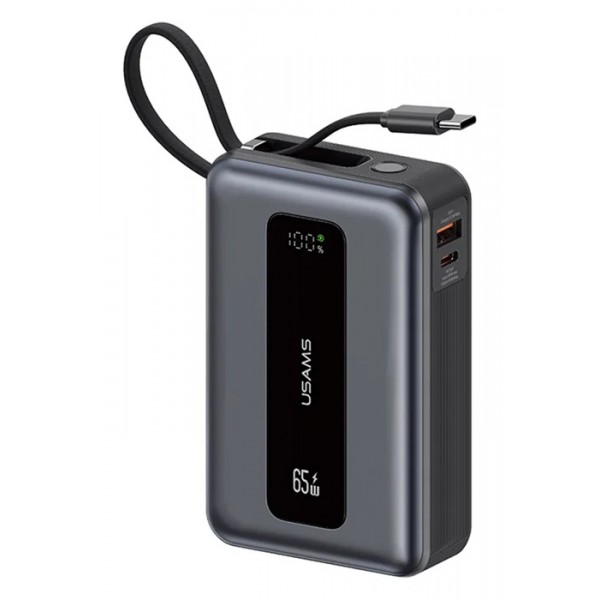 USAMS power bank CD243 με καλώδιο USB-C, 2x θύρες εξόδου, 20000mAh, 65W, γκρι - Power Bank
