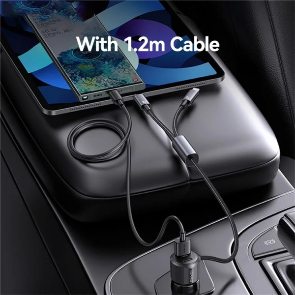 USAMS φορτιστής αυτοκινήτου CC287 με 2 σε 1 καλώδιο, USB/USB-C θύρες, 66W, μαύρος - Mobile