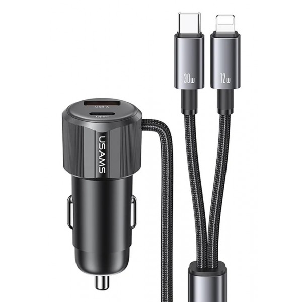 USAMS φορτιστής αυτοκινήτου CC287 με 2 σε 1 καλώδιο, USB/USB-C θύρες, 66W, μαύρος - Mobile