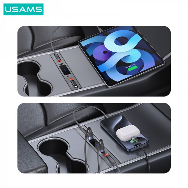 USAMS φορτιστής αυτοκινήτου US-SJ649 για Tesla(3/Y), με 2x καλώδια, USB/USB-C θύρες, 60W, γκρι