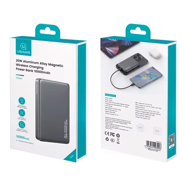 USAMS power bank CD242, magnetic wireless, USB-C έξοδος, 10000mAh, 20W, γκρι