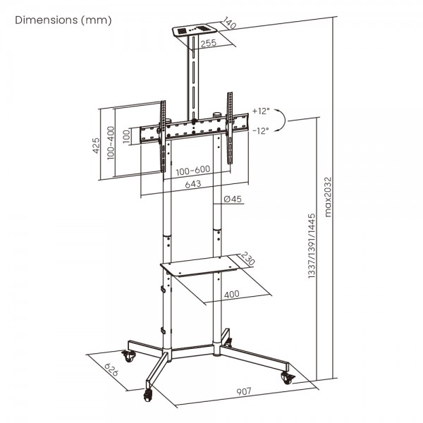 BRATECK βάση τηλεόρασης δαπέδου T1042T, 37-70", έως 45kg, με ράφια & ροδάκια