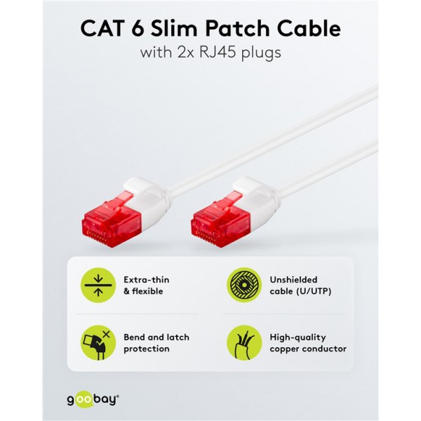 GOOBAY καλώδιο δικτύου 71550, CAT 6 U/UTP, slim, copper, 250MHz, 0.25m, λευκό - Δίκτυο