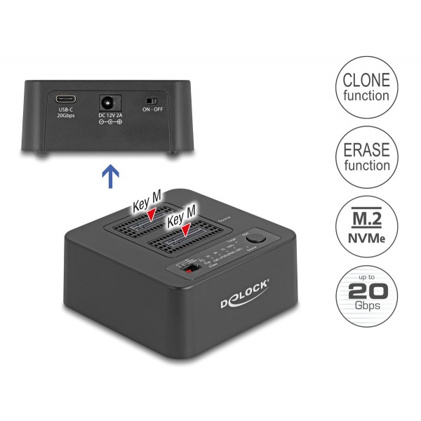 DELOCK docking station για M.2 NVMe SSD 64300, 2 θέσεων, 20Gbps, clone/erase function, μαύρο