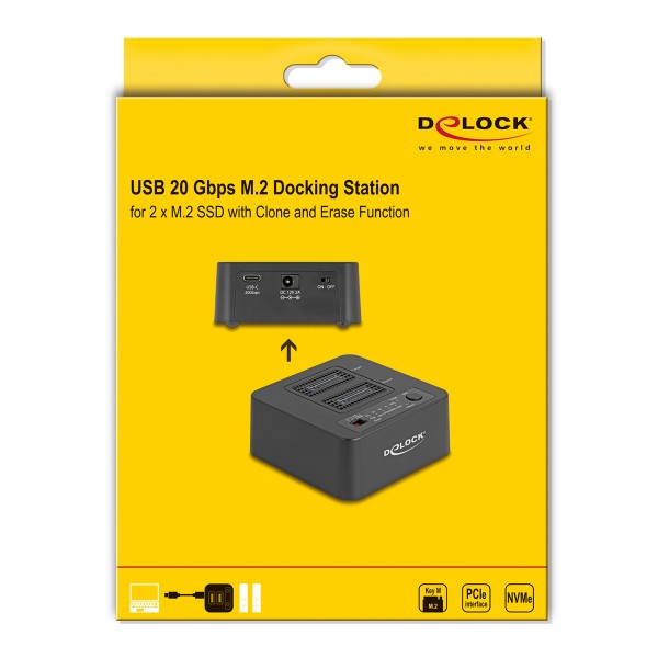DELOCK docking station για M.2 NVMe SSD 64300, 2 θέσεων, 20Gbps, clone/erase function, μαύρο
