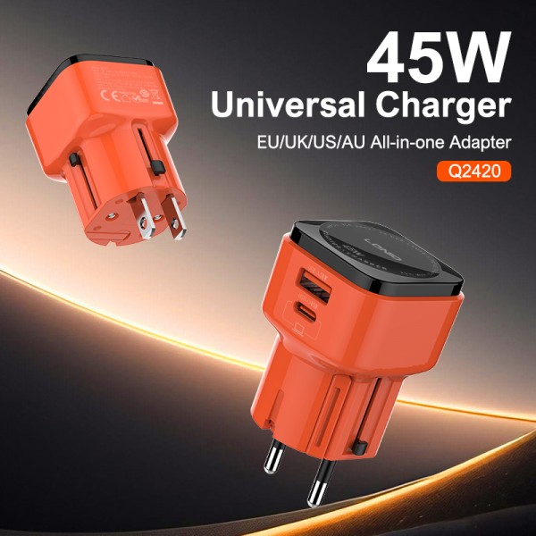 LDNIO φορτιστής τοίχου Q2420 με καλώδιο, USB/USB-C, 45W, universal πρίζα, πορτοκαλί - Mobile