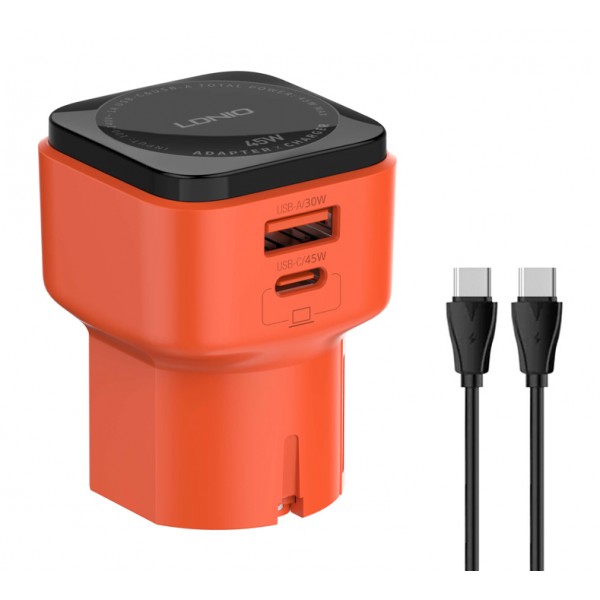 LDNIO φορτιστής τοίχου Q2420 με καλώδιο, USB/USB-C, 45W, universal πρίζα, πορτοκαλί - Mobile