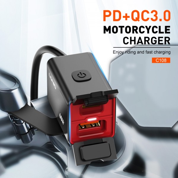 LDNIO φορτιστής μοτοσυκλέτας C108 με καλώδιο, USB/USB-C, 60W, μαύρος - Mobile