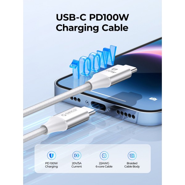 ORICO καλώδιο USB-C CDX-100CC, 100W, 480Mbps, 1m, λευκό - USB-C (Type-C)