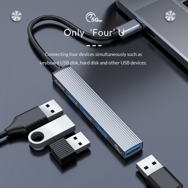 ORICO USB hub AH-13, 4x θυρών, USB 3.0, 5Gbps, USB-C σύνδεση, γκρι - USB Hubs - Card Readers