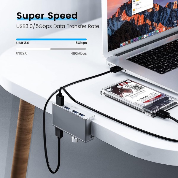 ORICO USB hub MH4PU-P με σφιγκτήρα, 4x θυρών, 5Gbps, USB σύνδεση, ασημί - USB Hubs - Card Readers