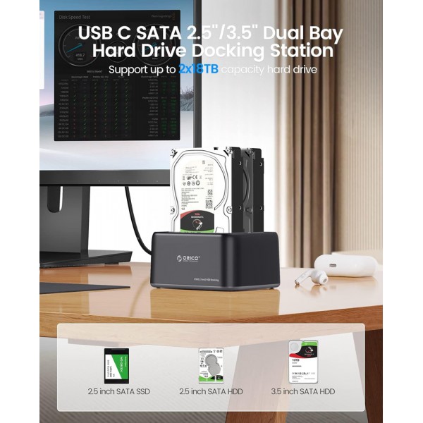 ORICO docking station για 2.5" ή 3.5" SATA HDD/SSD 6829C3-V1, 2 θέσεων, 5Gbps, μαύρο - Θήκες & Trays Σκληρών Δίσκων