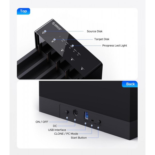 ORICO docking station για 2.5" ή 3.5" SATA HDD/SSD 6558US3-C, 5 θέσεων, 5Gbps, clone function, μαύρο